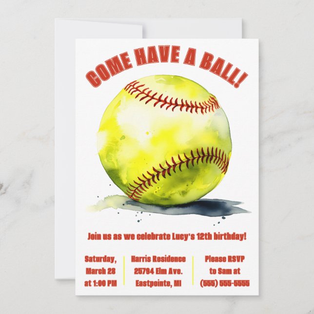 Come Have a Ball! Softball Themed Birthday Party Invitation (Front)