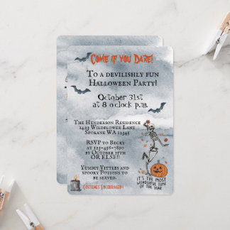 Come If You Dare Skeletons Halloween Party Invitation