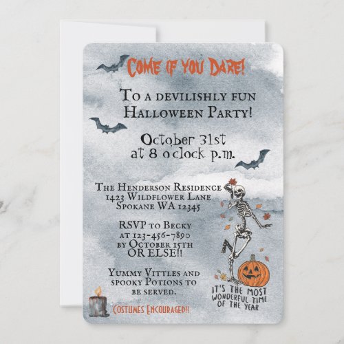 Come If You Dare Skeletons Halloween Party Invitation