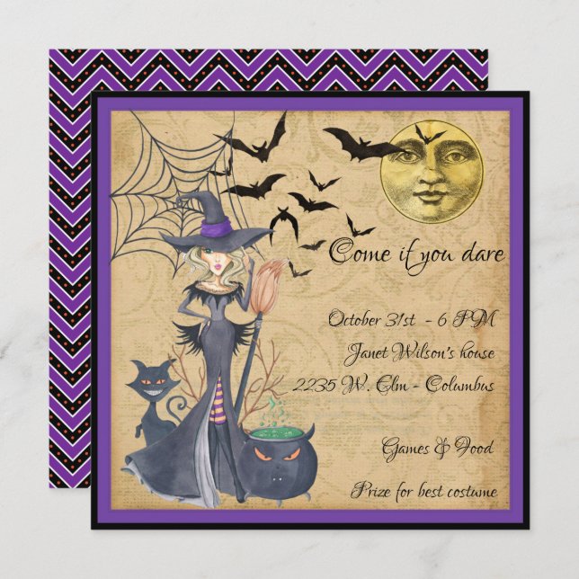 Come if You Dare Witch Halloween Party Invitation (Front/Back)