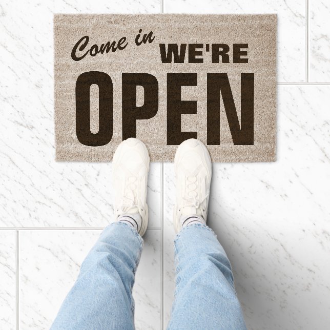 Come In We're Open coir fiber doormat sign (Insitu)