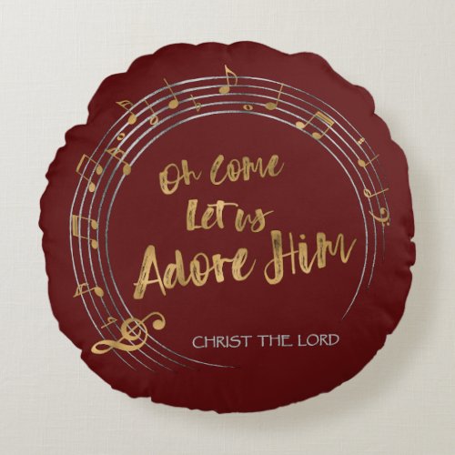 COME LET US ADORE HIM Christian Christmas Hymn Red Round Pillow