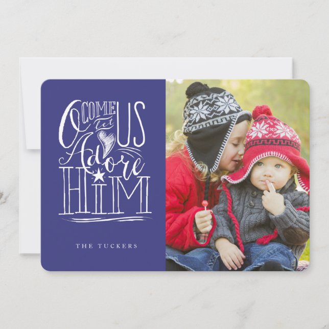 Come Let us Adore Him Family Photo Blue Holiday Card (Front)