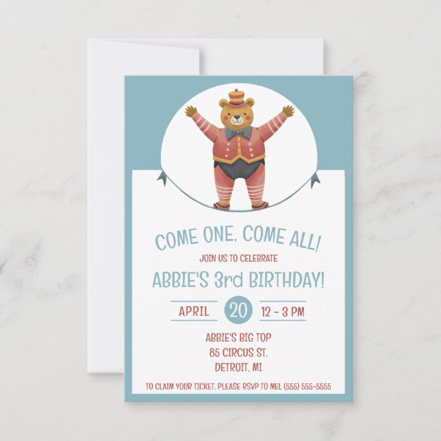 Come One, Come All!  Circus Bear Birthday Party Invitation (Front)