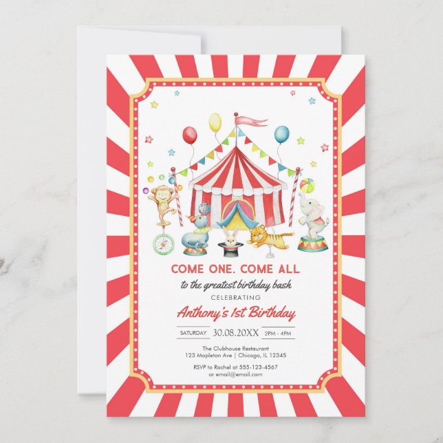 Come One Come All Circus Boy Birthday Invitation (Front)