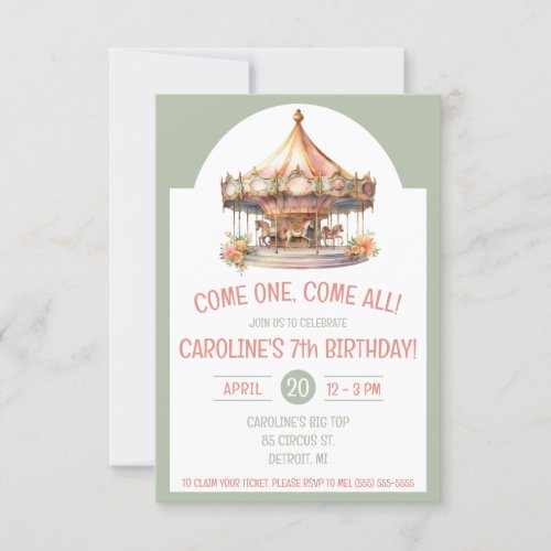 Come One Come All Circus Carousel Birthday Party Invitation