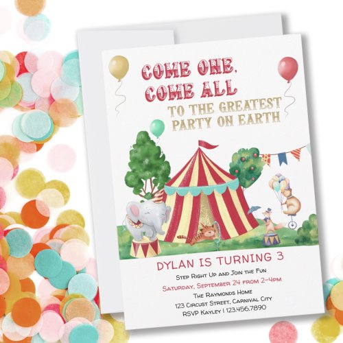 Come One Come All Circus Themed Kids Birthday Invitation