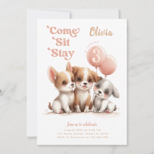 Come Sit Stay Girl Puppy Birthday Party Invitation