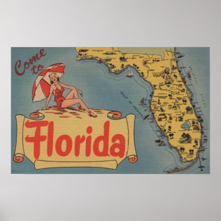 Come To Florida Map Of The State, Pin-up Girl Poster