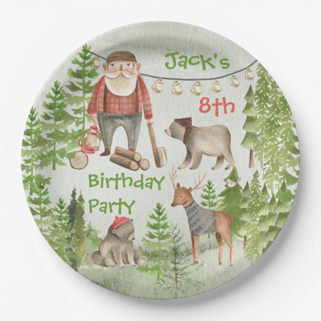 Come To My Lumberjack Woodland Birthday Party Paper Plates (Front)