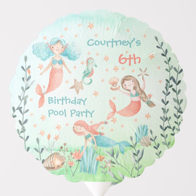 Come To My Mermaid Birthday Pool Party  Balloon (Front)