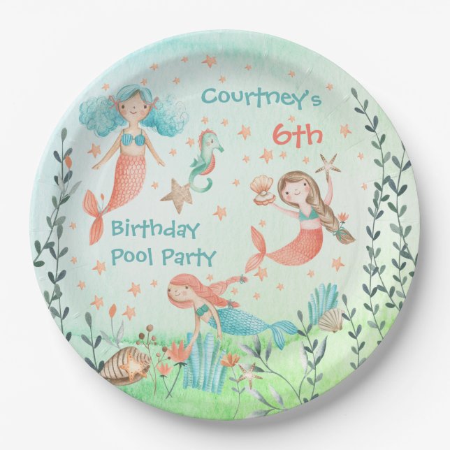 Come To My Mermaid Birthday Pool Party Paper Plates (Front)