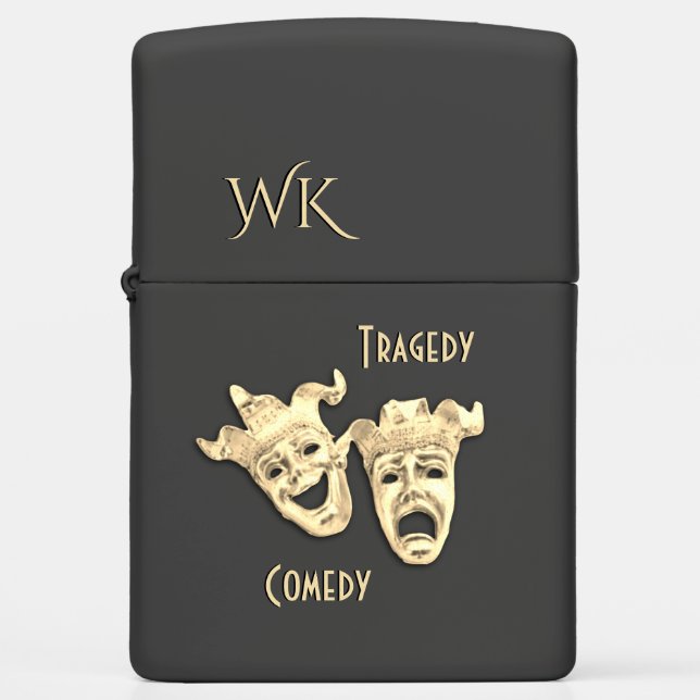 Comedy and Tragedy Masks Gold Theater Monogram Zippo Lighter (Front)