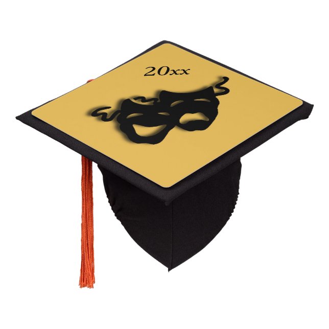 Comedy and Tragedy  Masks Gold w Year Graduation Cap Topper (Angled)