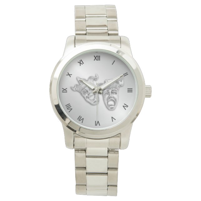 Comedy and Tragedy Silver Theater Roman Numerals Watch (Front)