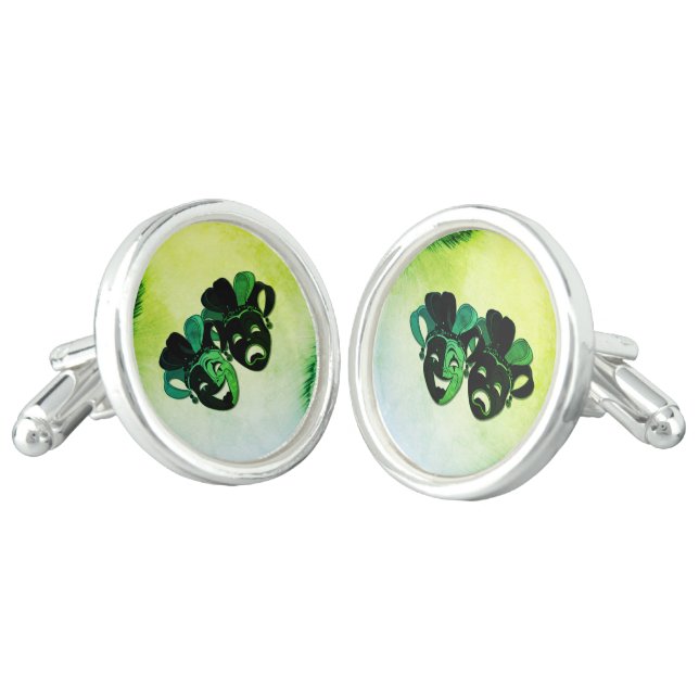  Comedy and Tragedy Theater Design Green Cufflinks (Angled)