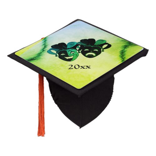  Comedy and Tragedy Theater Design Green Graduation Cap Topper