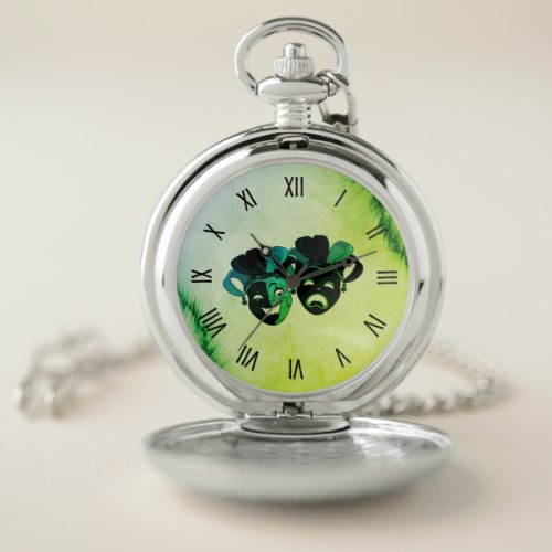  Comedy and Tragedy Theater Design Green Pocket Watch