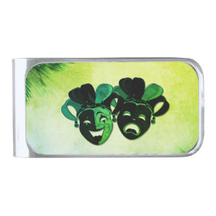 Comedy and Tragedy Theater Design Green Silver Finish Money Clip