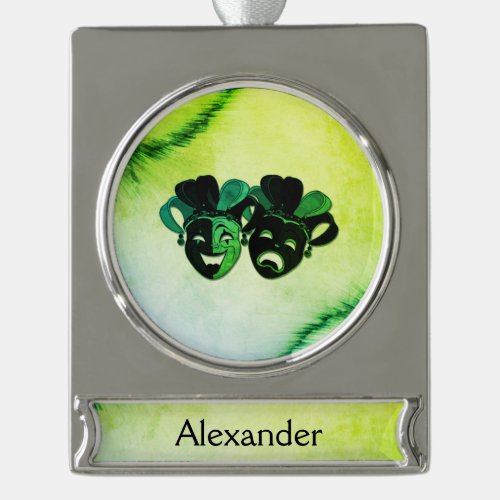  Comedy and Tragedy Theater Design Green Silver Plated Banner Ornament