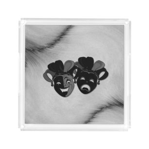 Comedy and Tragedy Theater Jester Masks Silver Acrylic Tray