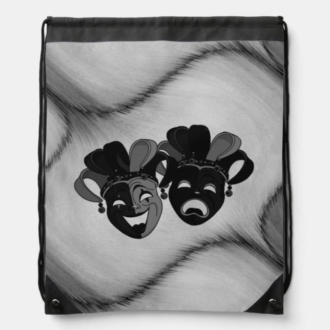 Comedy and Tragedy Theater Jester Masks Silver Drawstring Bag (Front)