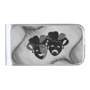Comedy and Tragedy Theater Jester Masks Silver Finish Money Clip