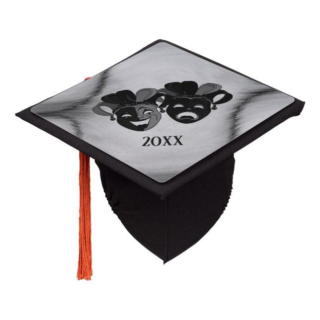 Comedy and Tragedy Theater Jester Masks Silver Graduation Cap Topper (Angled)