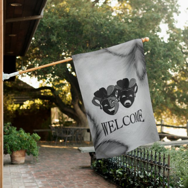 Comedy and Tragedy Theater Jester Masks Silver House Flag (In SItu)