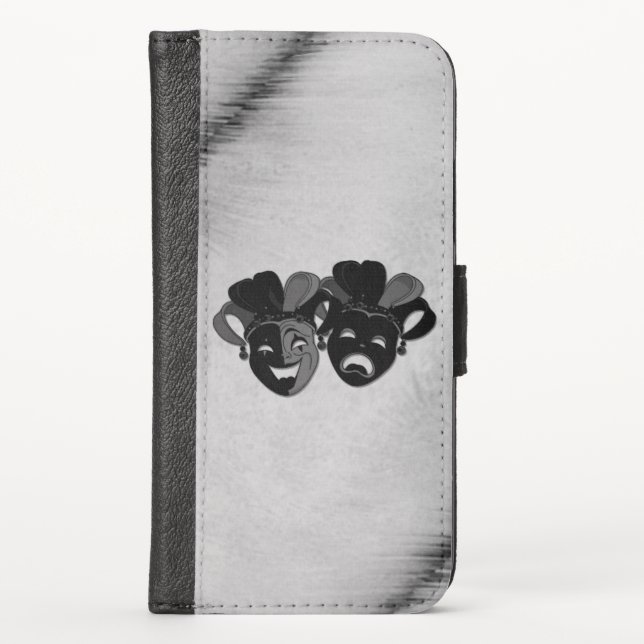 Comedy and Tragedy Theater Jester Masks Silver iPhone Wallet Case (Front)