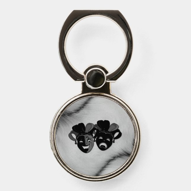 Comedy and Tragedy Theater Jester Masks Silver Phone Ring Stand (Front)