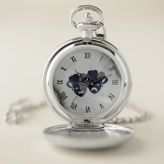 Comedy and Tragedy Theater Jester Masks Silver Pocket Watch (Inside)