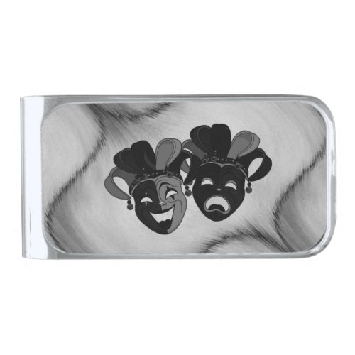 Comedy and Tragedy Theater Jester Masks Silver Silver Finish Money Clip
