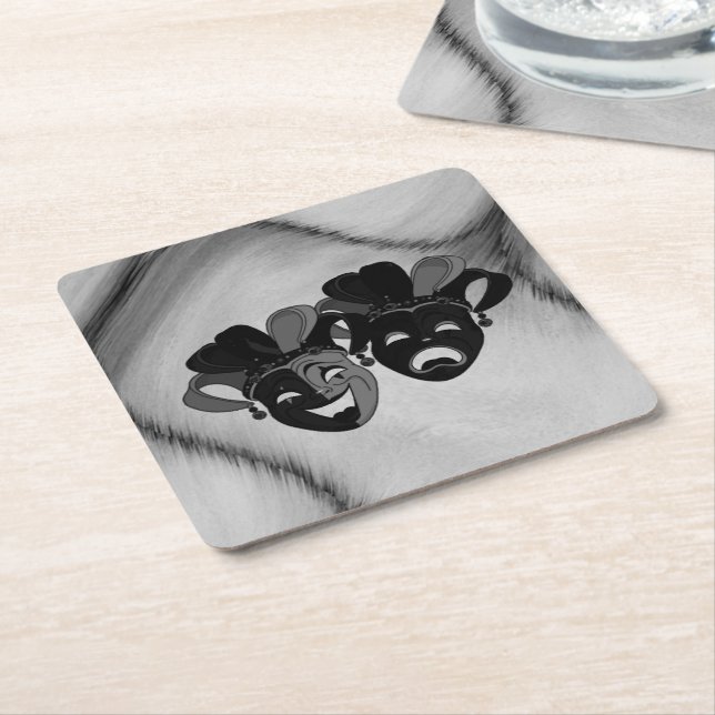 Comedy and Tragedy Theater Jester Masks Silver Square Paper Coaster (Angled)