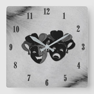 Comedy and Tragedy Theater Jester Masks Silver Square Wall Clock