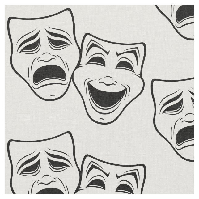 Comedy And Tragedy Theater Masks Black Line Fabric (Close Up)