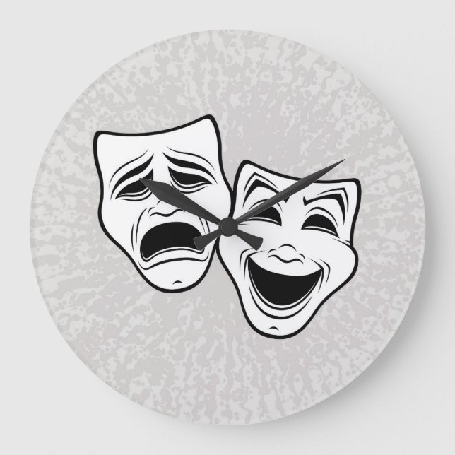 Comedy And Tragedy Theater Masks Black Line Large Clock (Front)