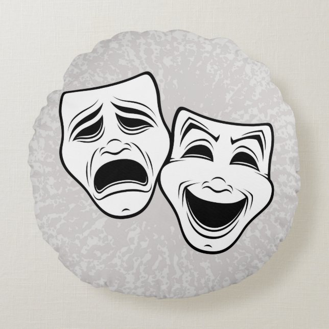 Comedy And Tragedy Theater Masks Black Line Round Pillow (Front)