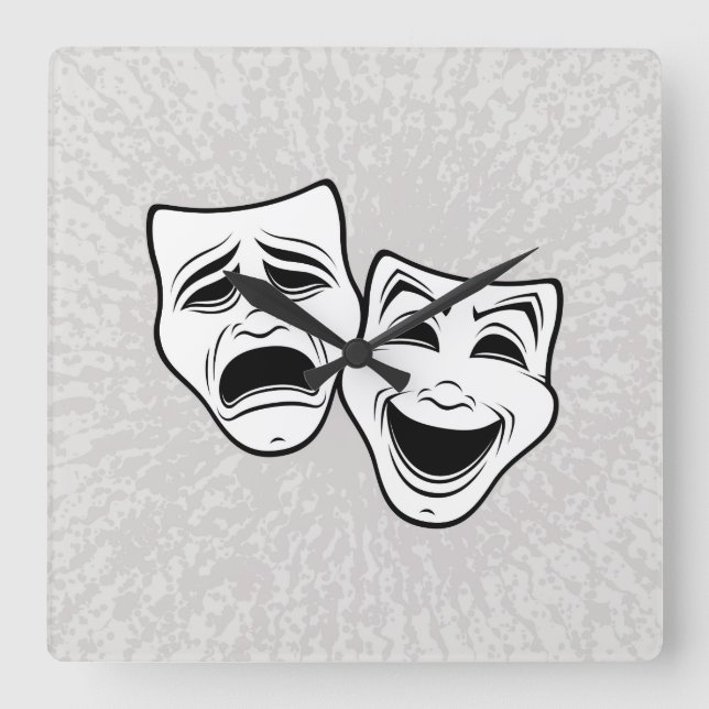 Comedy And Tragedy Theater Masks Black Line Square Wall Clock (Front)