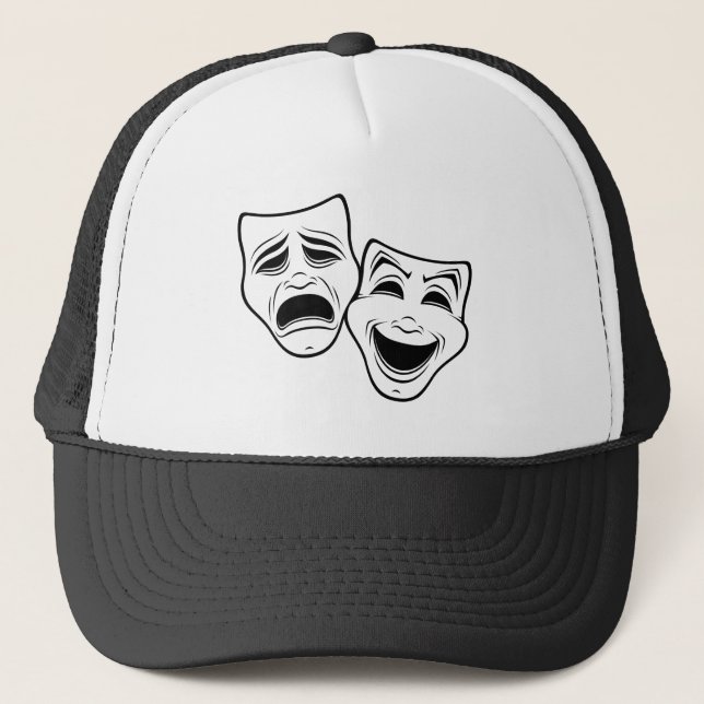 Comedy And Tragedy Theater Masks Black Line Trucker Hat (Front)