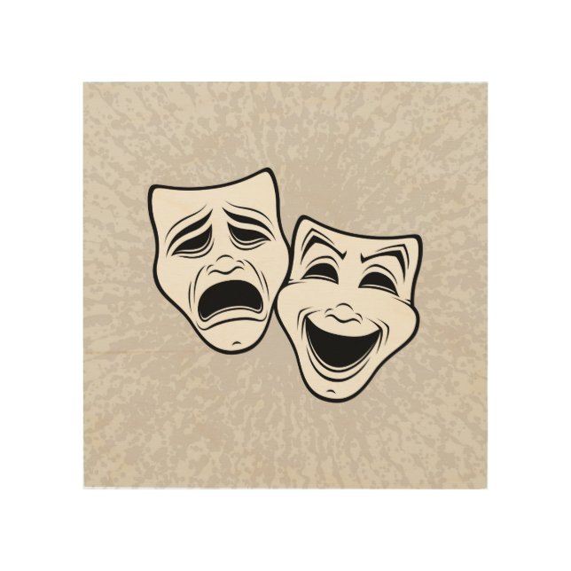 Comedy And Tragedy Theater Masks Black Line Wood Wall Art (Front)
