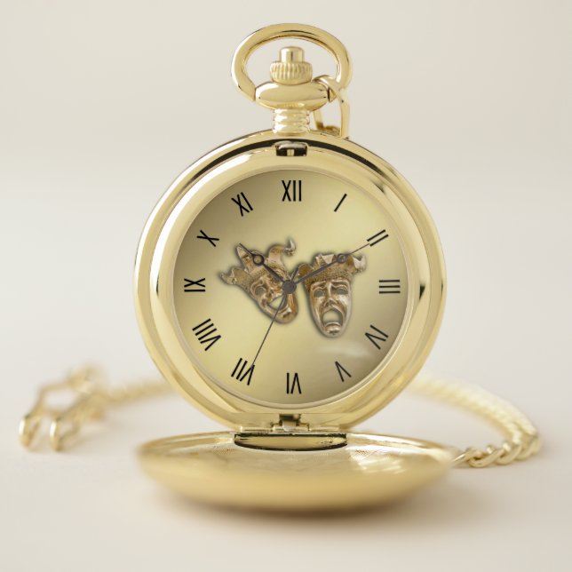 Comedy and Tragedy Theater Masks Gold Pocket Watch (Inside)