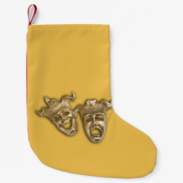 Comedy and Tragedy Theater Masks Gold Small Christmas Stocking (Front)