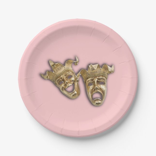 Comedy and Tragedy Theater Masks Pink Paper Plates (Front)