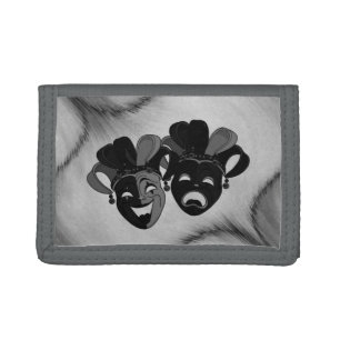 Comedy and Tragedy Theater Masks Silver Tri-fold Wallet