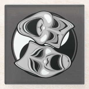 Comedy and Tragedy Theater Masks Yin Yang Design Glass Coaster