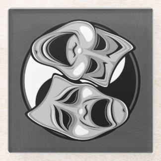 Comedy and Tragedy Theater Masks Yin Yang Design Glass Coaster