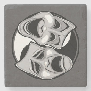 Comedy and Tragedy Theater Masks Yin Yang Design Stone Coaster