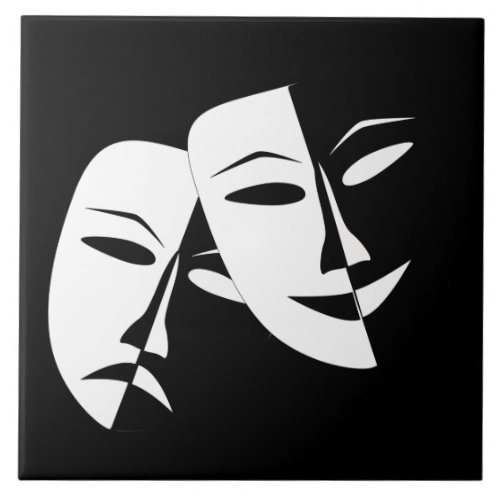 Comedy Tragedy Black and White Theatre Mask Ceramic Tile