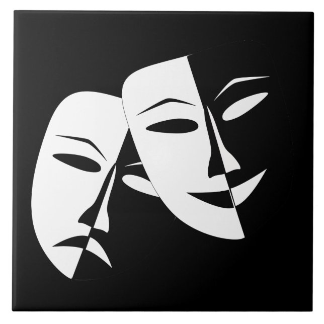 Comedy Tragedy Black and White Theatre Mask Ceramic Tile (Front)